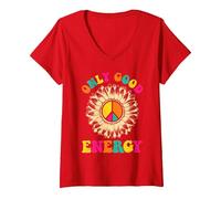 Damen Hippie ONLY Good Energy Flower Power Lustiges Sonnenblumen T-Shirt mit V-Ausschnitt, Rot, XL