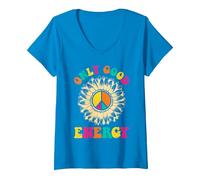 Damen Hippie ONLY Good Energy Flower Power Lustiges Sonnenblumen T-Shirt mit V-Ausschnitt, Saphir, XL
