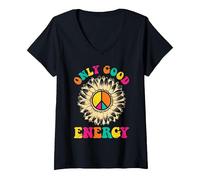 Damen Hippie ONLY Good Energy Flower Power Lustiges Sonnenblumen T-Shirt mit V-Ausschnitt, Schwarz, S
