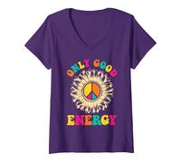 Damen Hippie ONLY Good Energy Flower Power Lustiges Sonnenblumen T-Shirt mit V-Ausschnitt, Violett, S