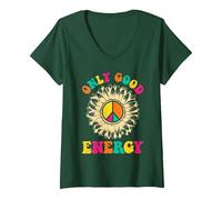 Damen Hippie ONLY Good Energy Flower Power Lustiges Sonnenblumen T-Shirt mit V-Ausschnitt, Waldgrün, M