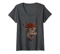 Damen Hirsch Bollenhut Hirschgeweih Schwarzwald Black Forest REH T-Shirt mit V-Ausschnitt, Anthrazit Meliert, L