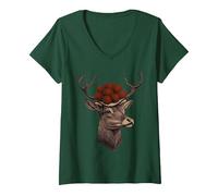Damen Hirsch Bollenhut Hirschgeweih Schwarzwald Black Forest REH T-Shirt mit V-Ausschnitt, Waldgrün, L