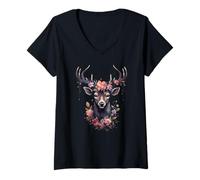Damen Hirsch mit Rosen Blumen Tacht Trachtenhemd Dirndl T-Shirt mit V-Ausschnitt