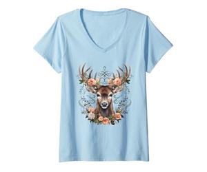 Damen Hirsch mit Rosen Blumen Trachten Trachtenhemd Dirndl Damen T-Shirt mit V-Ausschnitt
