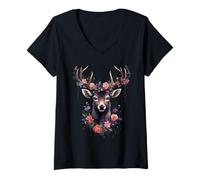 Damen Hirsch mit Rosen Blumen Trachtenhemd Trachten Dirndl Damen T-Shirt mit V-Ausschnitt
