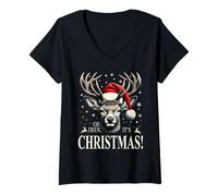 Damen Hirsch mit Weihnachtsmütze, Oh Deer It's Christmas Weihnacht T-Shirt mit V-Ausschnitt