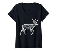 Damen Hirsch Strichzeichnung Wald Natur Draußen T-Shirt mit V-Ausschnitt