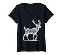 Damen Hirsch Strichzeichnung Wald Natur Draußen T-Shirt mit V-Ausschnitt