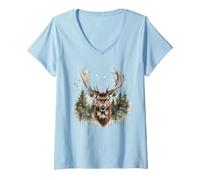 Damen Hirsch Waldtier Wild Natur T-Shirt mit V-Ausschnitt