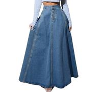 Damen Hoch Tailliert Maxi Denim Rock Vintage Gewaschen Knopf Vorne Eine Linie Casual Lange Jean Rock,Dark Blue,XL