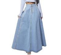 Damen Hoch Tailliert Maxi Denim Rock Vintage Gewaschen Knopf Vorne Eine Linie Casual Lange Jean Rock,Light Blue,M