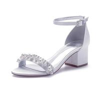 Damen Hochzeit Schuhe Sandalen Sommer Offener Zeh Blockabsatz Schuhe Brautschuhe,Weiß,41 EU