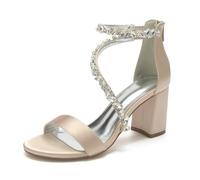 Damen Hochzeit Shoes Chunky Heel Sandals Summer Satin Partei Abendschuhe High Heels Brautshoes 8Cm,Champagne,38 EU