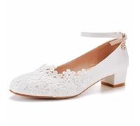 Damen Hochzeitsschuhe, 3 cm Quadratischer Absatz Weiße Brautkleid Schuhe Spitze Blume Runde Zehen Knöchelschnalle Brautjungfer Bequeme Freizeitschuhe, 41 EU,White