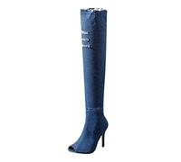 Damen Hohe Stiefel Damenmode High Heel Stiefel Frühling Herbst Offene Spitze Overknee Enge High Heel Stiefel Jeans Stiefel (41,hellblau)
