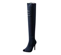 Damen Hohe Stiefel Damenmode High Heel Stiefel Frühling Herbst Offene Spitze Overknee Enge High Heel Stiefel Jeans Stiefel (38,Marine)