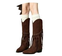 Damen Hohe Stiefel Mit Pointed Toe Western Cowboystiefel Mit Fransen Wildleder Langschaft Boots Mit Blockabsatz Herbst Winter Warm Reitstiefel Comfortable Breiter Röhre Schlupfschuhe(Brown,38 EU)