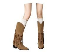 Damen Hohe Stiefel Mit Pointed Toe Western Cowboystiefel Mit Fransen Wildleder Langschaft Boots Mit Blockabsatz Herbst Winter Warm Reitstiefel Comfortable Breiter Röhre Schlupfschuhe(Beige,41 EU)