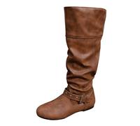 Damen Hohe Stiefel Ohne Absatz Kniehoch Reißverschluss Westernstiefel Leder | Damenstiefel Herbst Winter Lederstiefel Abriebfest Cowboystiefel Schick Weitschaftstiefel Wasserdicht Westernstiefel
