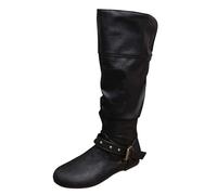 Damen Hohe Stiefel Ohne Absatz Kniehoch Reißverschluss Westernstiefel Leder | Damenstiefel Herbst Winter Lederstiefel Abriebfest Cowboystiefel Schick Weitschaftstiefel Wasserdicht Westernstiefel