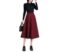 Damen Hohe Taille Karierter Lang Rock Winterrock Vintage Elegant Wollrock Midi Röcke A Linie Faltenrock 8858 Weinrot XXXL