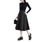 Damen Hohe Taille Karierter Lang Rock Winterrock Vintage Elegant Wollrock Midi Röcke A Linie Faltenrock 8068 Dunkelgrau L