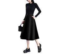 Damen Hohe Taille Karierter Lang Rock Winterrock Vintage Elegant Wollrock Midi Röcke A Linie Faltenrock 8068 Schwarz M