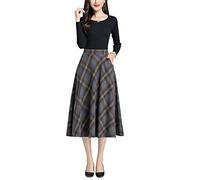 Damen Hohe Taille Karierter Rock Winterrock Vintage Elegant Plaid Warm Wollrock Lang Röcke Retro Elastische Taille A Linie Casual Party Midi Faltenrock Grey XXL