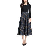 Damen Hohe Taille Karierter Rock Winterrock Vintage Elegant Plaid Warm Wollrock Lang Röcke Retro Elastische Taille A Linie Casual Party Midi Faltenrock Dark Blue XL