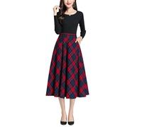 Damen Hohe Taille Karierter Rock Winterrock Vintage Elegant Plaid Warm Wollrock Lang Röcke Retro Elastische Taille A Linie Casual Party Midi Faltenrock Red L