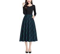 Damen Hohe Taille Karierter Rock Winterrock Vintage Elegant Plaid Warm Wollrock Lang Röcke Retro Elastische Taille A Linie Casual Party Midi Faltenrock Green XXL