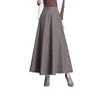 Damen Hohe Taille Lang Rock Winterrock Elegante Karierter Wollrock A-Linie Maxi Röcke Faltenrock Khaki-XXL