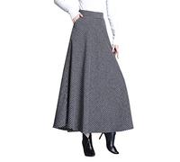 Damen Hohe Taille Lang Rock Winterrock Elegante Karierter Wollrock A-Linie Maxi Röcke Faltenrock Schwarz-XXXL