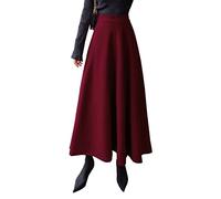 Damen Hohe Taille Lang Rock Winterrock Elegante Karierter Wollrock A-Linie Maxi Röcke Faltenrock Weinrot-XXXL