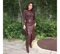 Damen Hoher Schlitz PU Leder Rock, geeignet für urbane Pendler, Business Lässig, Büromode, elegante Kleidung