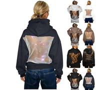 Damen Hohl Mesh Rücken Hoodies Schwarz Casual Mode Durchsichtig Langarm Sweatshirt Stirnband Tasche Glitzer Mesh Blusen Elegantes Oberteil Damen Oversized Gemütlich Party Pullover Tops Weiß S XS