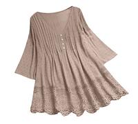 Damen Hohle T Shirts Sommer tief V geknöpft lässig Trendige Tops weich 3/4 Ärmel lose Fleckenblusen Comfy Tees Kurzarmshirt Leicht Freizeitshirt Atmungsaktiv Freizeit Shirt