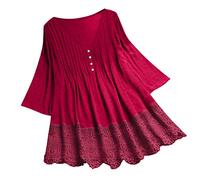 Damen Hohle T Shirts Sommer tief V geknöpft lässig Trendige Tops weich 3/4 Ärmel lose Fleckenblusen Comfy Tees Kurzarmshirt Leicht Freizeitshirt Atmungsaktiv Freizeit Shirt