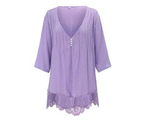 Damen Hohle T Shirts Sommer tief V geknöpft lässig Trendige Tops weich 3/4 Ärmel lose Fleckenblusen Comfy Tees Kurzarmshirt Leicht Freizeitshirt Atmungsaktiv Freizeit Shirt