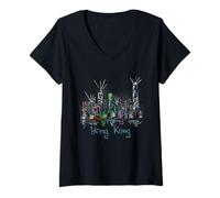 Damen Hongkong Night Travel Souvenir Historic City Wahrzeichen Geschenk T-Shirt mit V-Ausschnitt