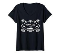 Damen Honolulu Hawaii Schildkröte Palmen Muscheln Strand Souvenir T-Shirt mit V-Ausschnitt