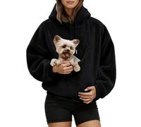 Damen Hoodie mit Kängurutasche für Haustiere, Oversize Pullover mit Hundetasche Katzentasche Kapuze und Langarm, Kuscheliges Sweatshirt für Kleine Hunde Katzen Herbst Winter Alltag,Schwarz,L