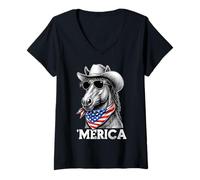 Damen Horse Racing Jockey Amerikanische Flagge Bandana Cowboyhut Country T-Shirt mit V-Ausschnitt