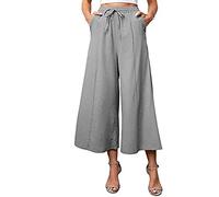 Damen Hose Weites Bein Pumphose Damen Kurze Hosen Damen Sommer Einfarbiges Tunnelzug 3/4 Hose Mit Taschen Baumwoll Leinen Locker Chino Hose Leicht Sommerhose Freizeithose Damen (Dunkelgrau M)