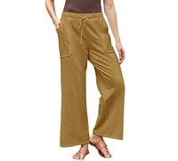 Damen Hosen High Waist 7/8 Hosen Damen Sommer Strumpfhose Gefüttert Hautfarben Einfarbiges Tunnelzug Sommerhose Mit Taschen Baumwoll Leinen Locker Chino Hose Leicht Stoffhose Regenhose Damen (Gelb L)