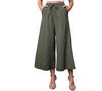 Damen Hosen High Waist Sporthose Lang Damen Hosen Damen Elegant High Waist Einfarbiges Tunnelzug 3/4 Hose Mit Taschen Baumwoll Leinen Locker Chino Hose Leicht Sommerhose Schlaghose Damen (Armeegrün S)