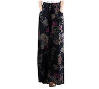 Damen Hosen Leinen Sommerhose Hohe Taille mit Taschen Loose Bequeme Stoffhose Dehnbar Loungehose Lang Palazzo Hose Wide Leg Pants Weite Plissee Hose Freizeithose Elastischer Bund (Dark Blue, XXXXL)