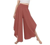 Damen Hosen Sommer Damenhose Mit Gummizug Culottes Hosen Damen High Waist Einfarbiges Unregelmäßiger Saum Haremshose Mit Schlitz Elastische Taille Bauchweg Hose Damen Jogginghose (Wassermelonenrot, L)