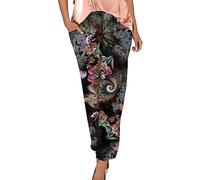 Damen Hosen Sommer Hose Schwarz Damen Caprihose Damen Sommer Elastische Taille Blumen Bedruckt Caprihose Mit Taschen Loose Fit Boho Hose Straight Leg Haremshose Hosen Damen (Dunkelgrau, Xxl)